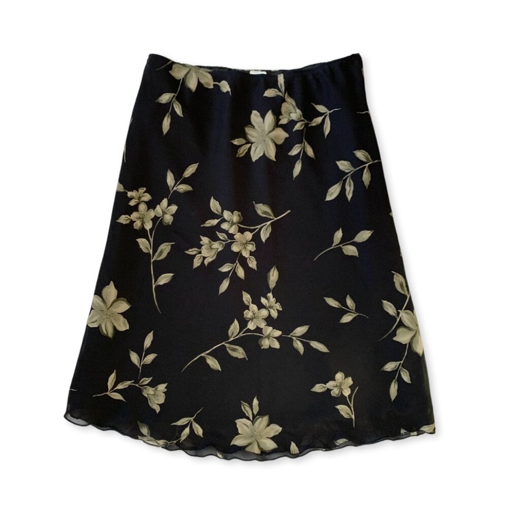 Vintage Floral Midi Skirt Black Beige Dark Academia Boho Leaves Twee Whimsigoth